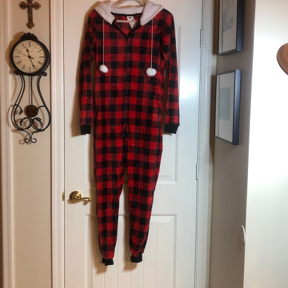 NWOT Plaid Red and Black Hooded Jumpsuit